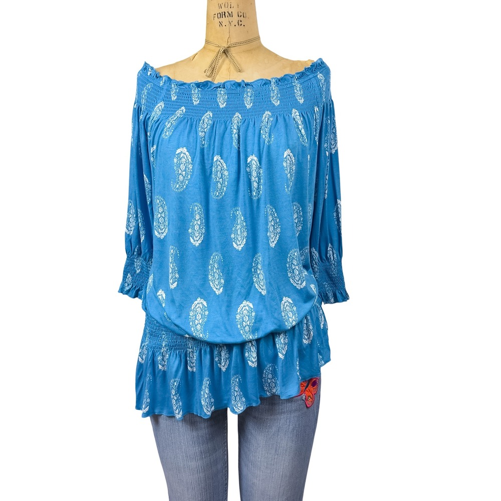 Western Blue Peasant Off Shoulder Top Smocked Waist Boho Prairie Blouse Size L